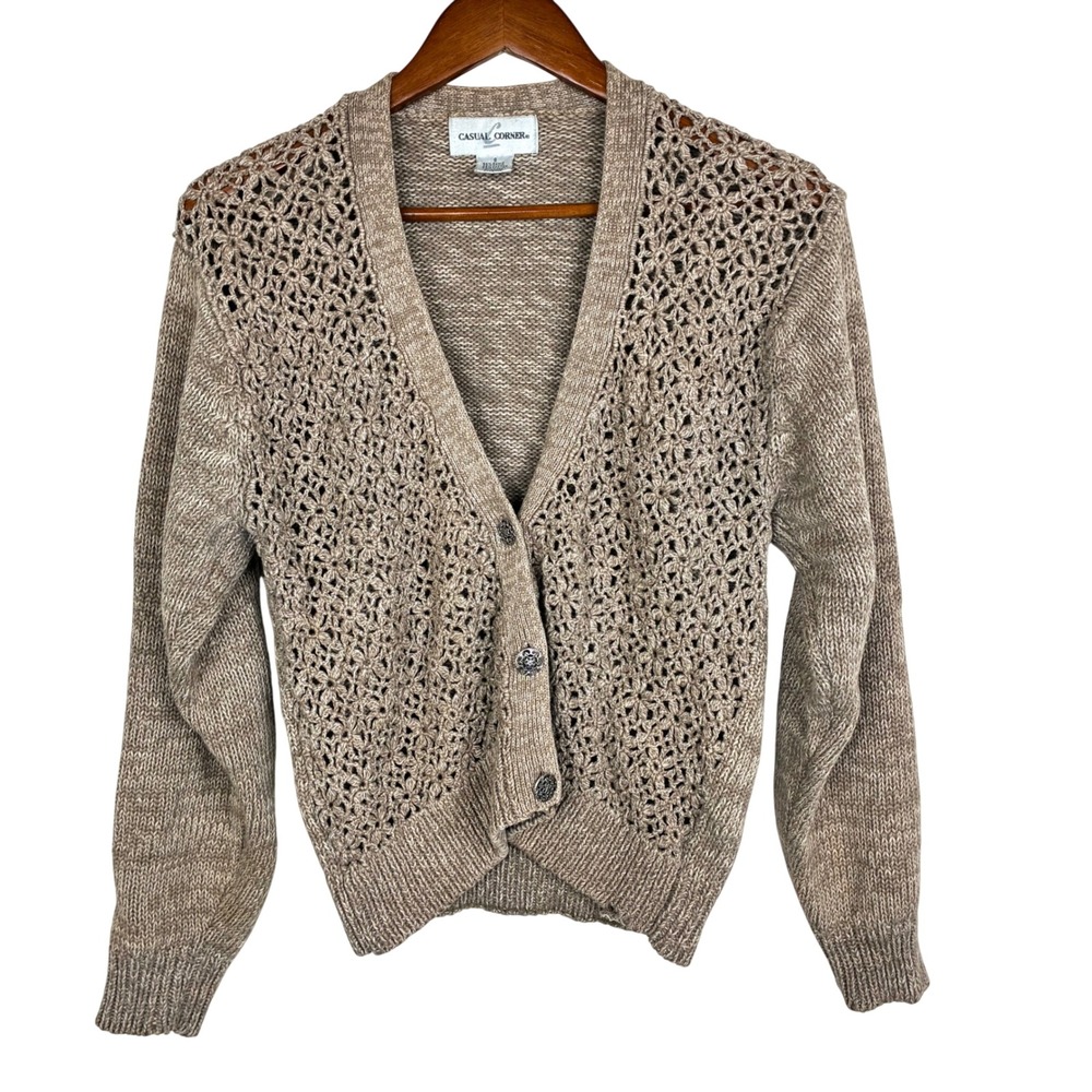 Vtg 90s Casual Corner Cardigan S Cotton Crochet Cottage V Neck Brown Coastal